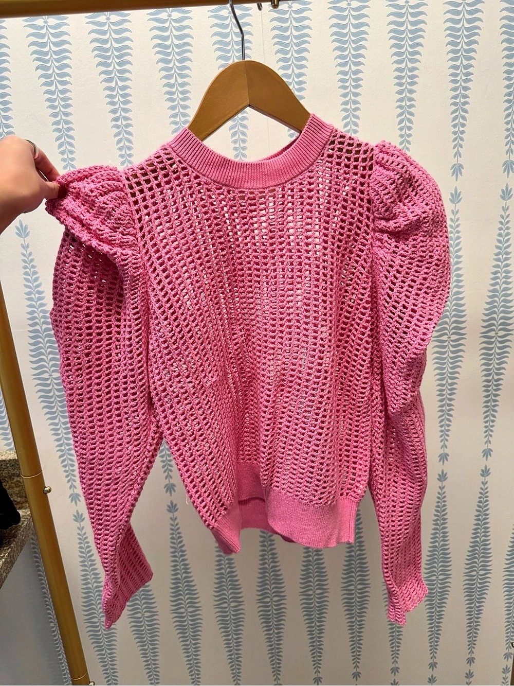 Ulla Johnson Delaney Pullover Open Knit Puff Sleeve Sweater Pink Size P